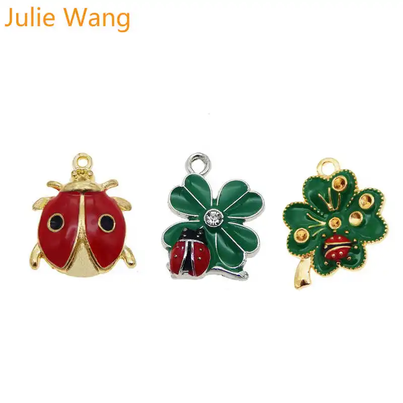 Julie Wang 6 шт. смешанный эмалевый Клевер Божья коровка милые шармы сплав ожерелье