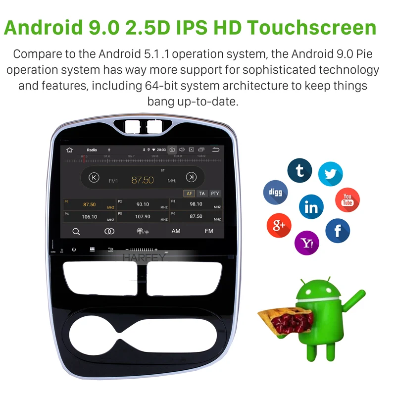 Harfey 10,1 дюймов Android 9,0 gps Navi HD сенсорный экран авто стерео Bluetooth для Renault Clio цифровой/аналоговый(MT) 2012 2013