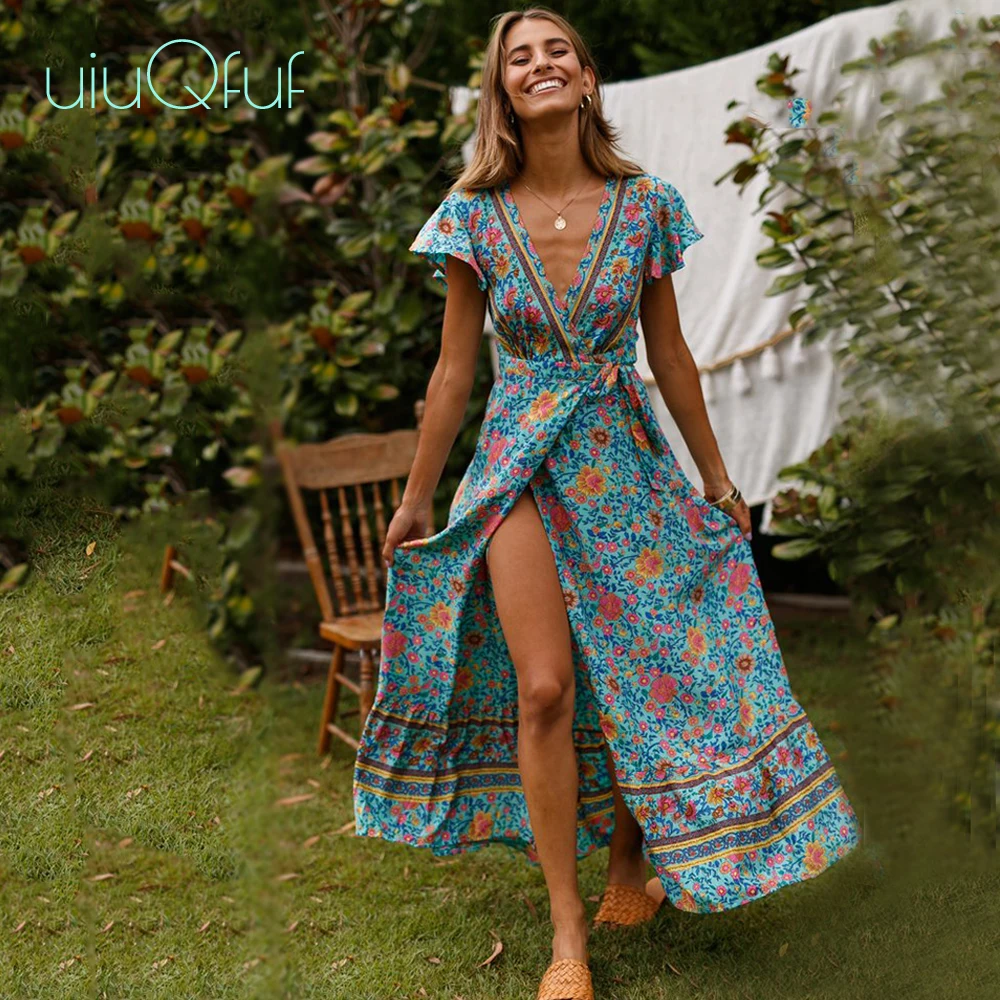 Женское богемное платье с цветочным принтом длинное пляжное длинным рукавом v