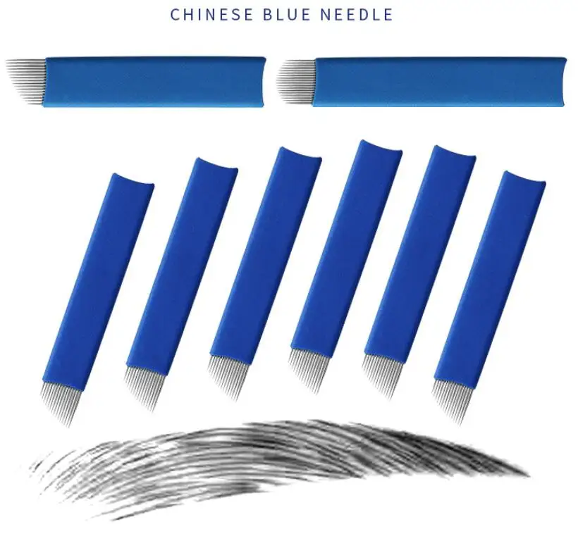 500Pcs Blue 14 16 18 21 U Shape Tattoo Needles Microblading Blades For Semi Permanent Makeup Manual Pen 3D Eyebrow Embroidery