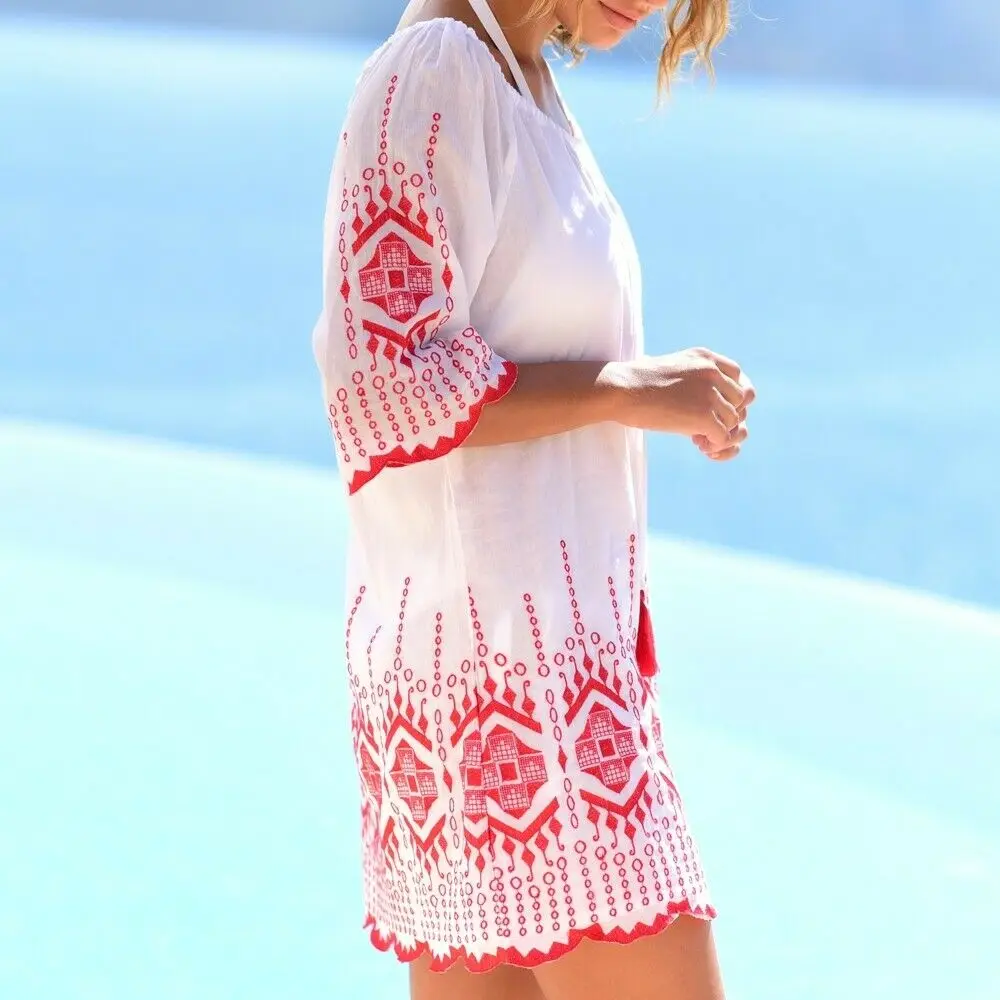 Boho печати вышивка шнурок накидка на купальный костюм Туники Для пляжное платье