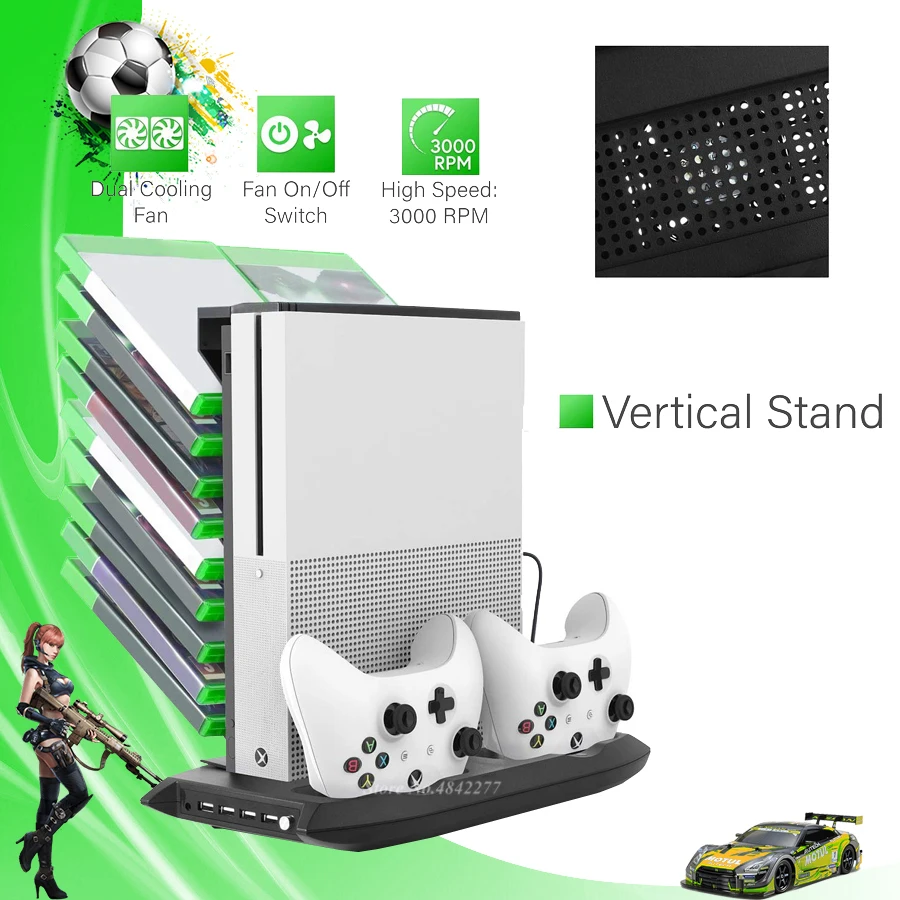 Вертикальная подставка 4 в 1 для Xbox one S порта USB концентратора охлаждающий