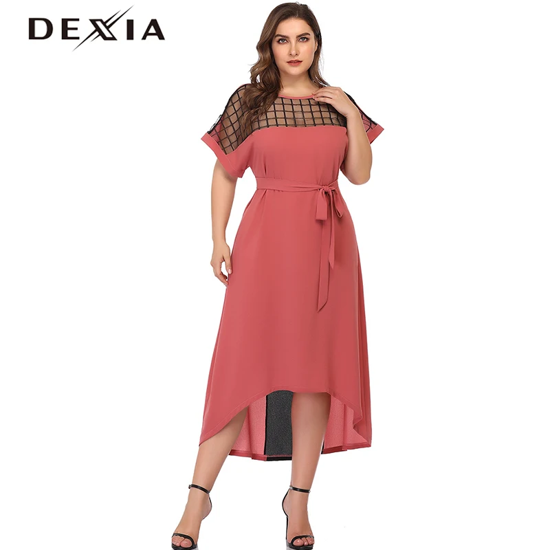 DEXIA Mesh Большие размеры 3XL 4XL кружевные с кушаком женское платье летнее круглым