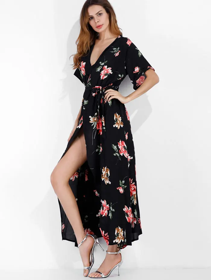 Женское платье макси ZAFUL длинное с цветочным принтом и поясом элегантное