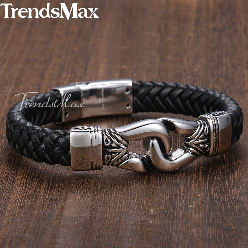 Trendsmax мужские кожаные браслеты из нержавеющей стали с узлом, очаровательный браслет для мужчин, ювелирные изделия, Прямая поставка,, 12 мм, KHBM60
