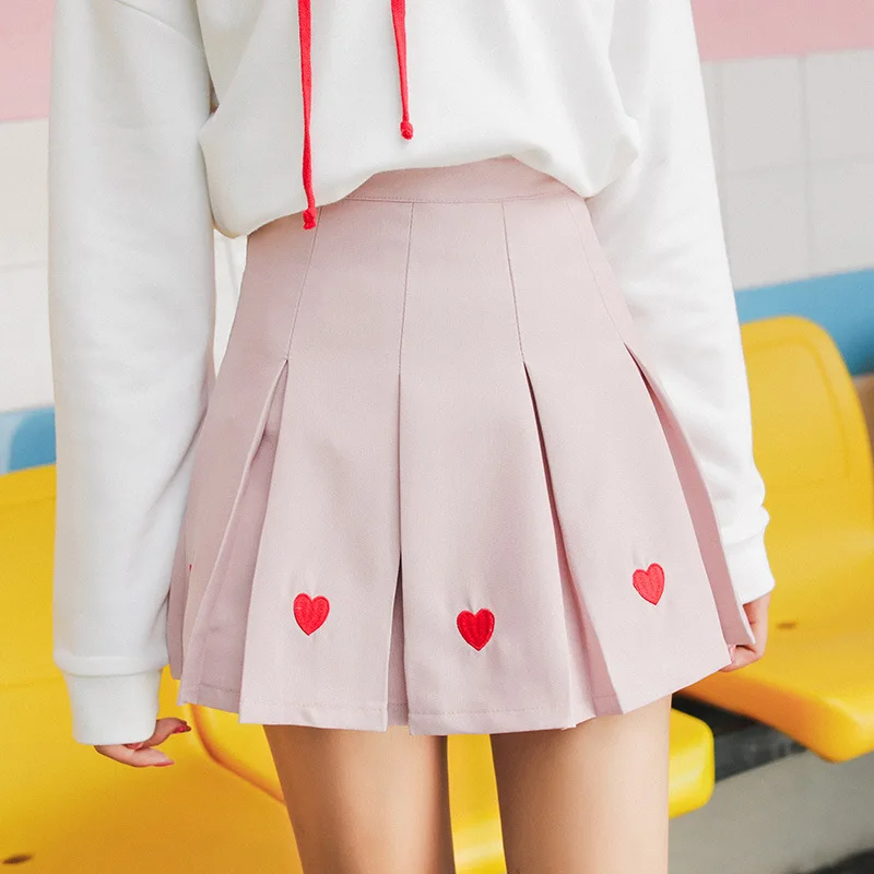 2019 Для женщин плиссированные юбки Лолита Harajuku Kawaii милые с вышивкой мини милый