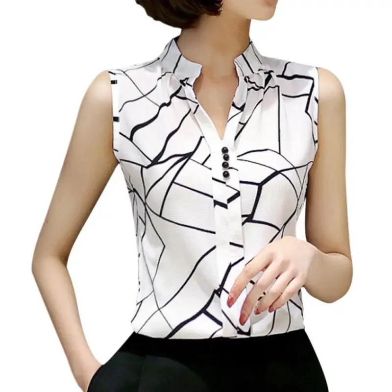 Женская шифоновая блузка без рукавов с V образным вырезом|blusas fashion|chiffon print blouseprinted