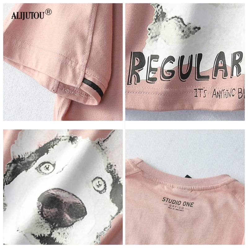 2019 корейский стиль футболка Для женщин Повседневное милых щеночков Футболка с