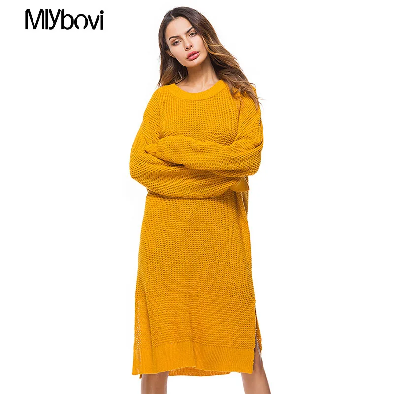 Women Sweater Dress Female Autumn Winter Yellow Long Sleeve Loose knitted Sweaters Dresses Solid Vestido largo Invierno mujer | Женская