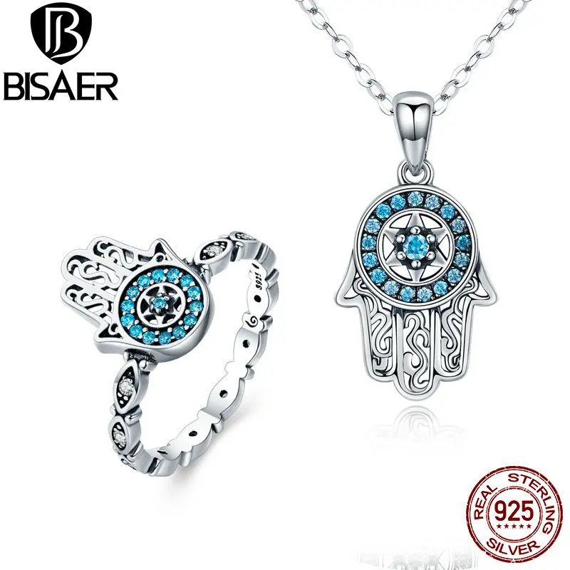 BISAER, 925 пробы, серебряные ювелирные наборы, рука хамсы, рука стража, Фатима, Женское кольцо, серебро 925 пробы, ювелирное изделие