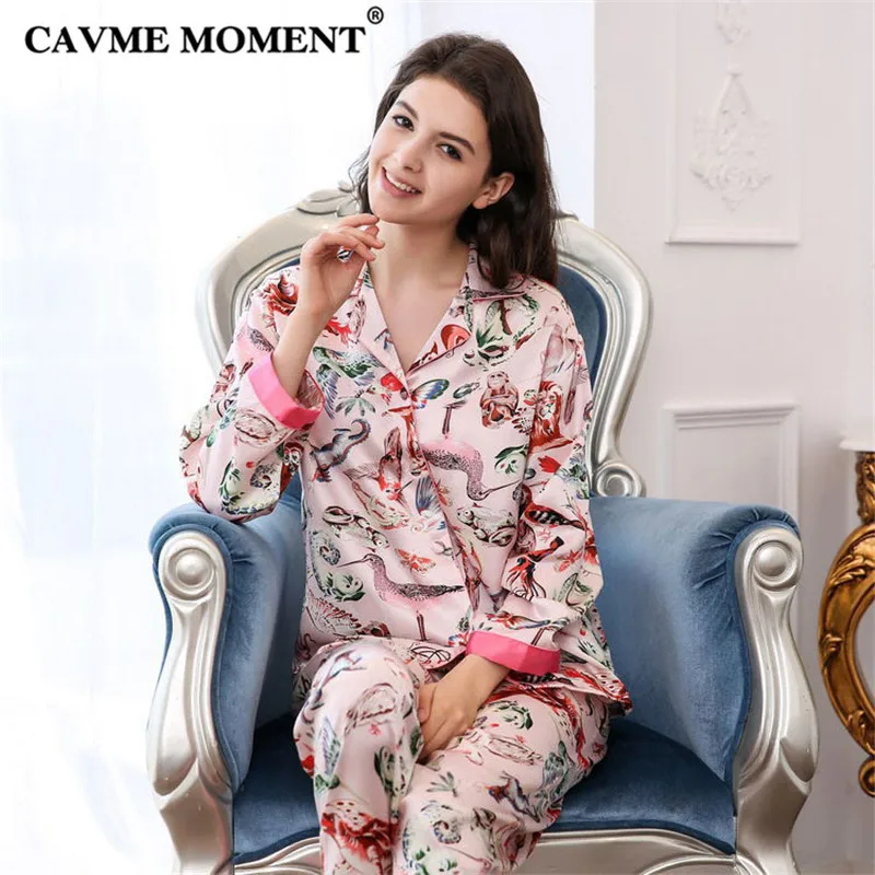 CAVME 2019 Luxury Silk Pajama Sets for Women Elegant Ladies Pyama Set Plus Size Printed Full Sleeve Pants Home Clothes Sleepwear