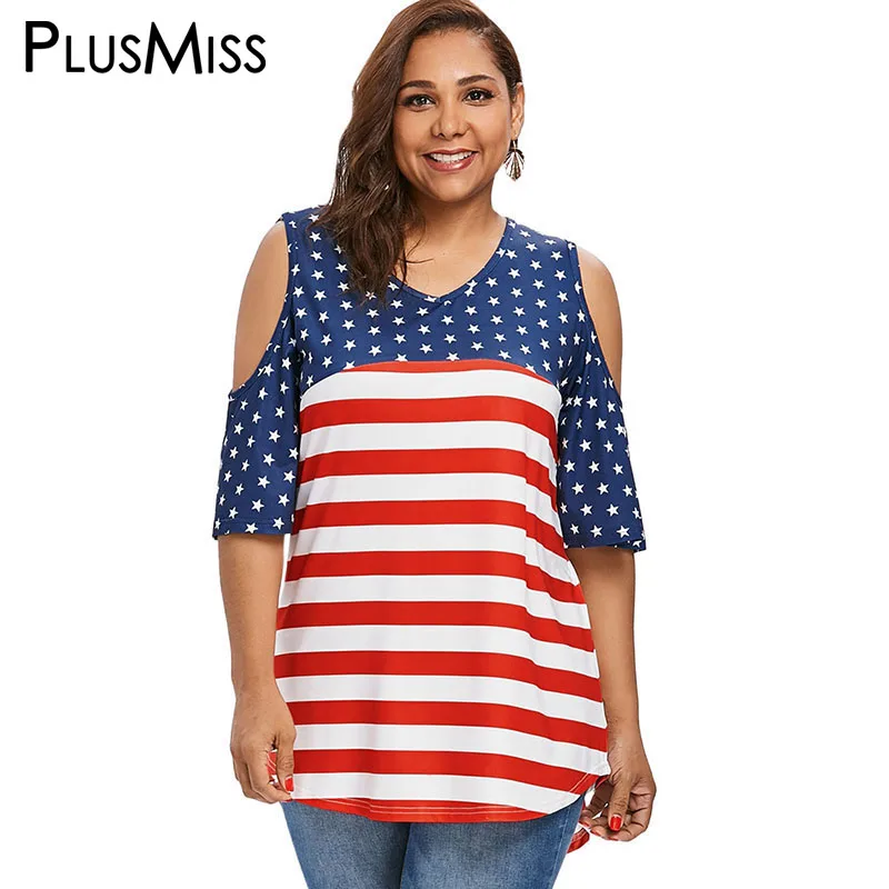 PlusMiss плюс размер 5XL 4XL Футболка с холодным плечом и флагом США Женская летняя