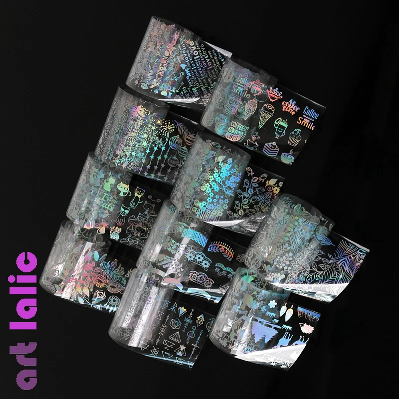 10 Pcs 4*20cm Holographic Nail Foil Dreamcatcher Rose Cat Starry Sky Flower Pattern Art Transfer Sticker Decor Set|nail foil|holographic nail