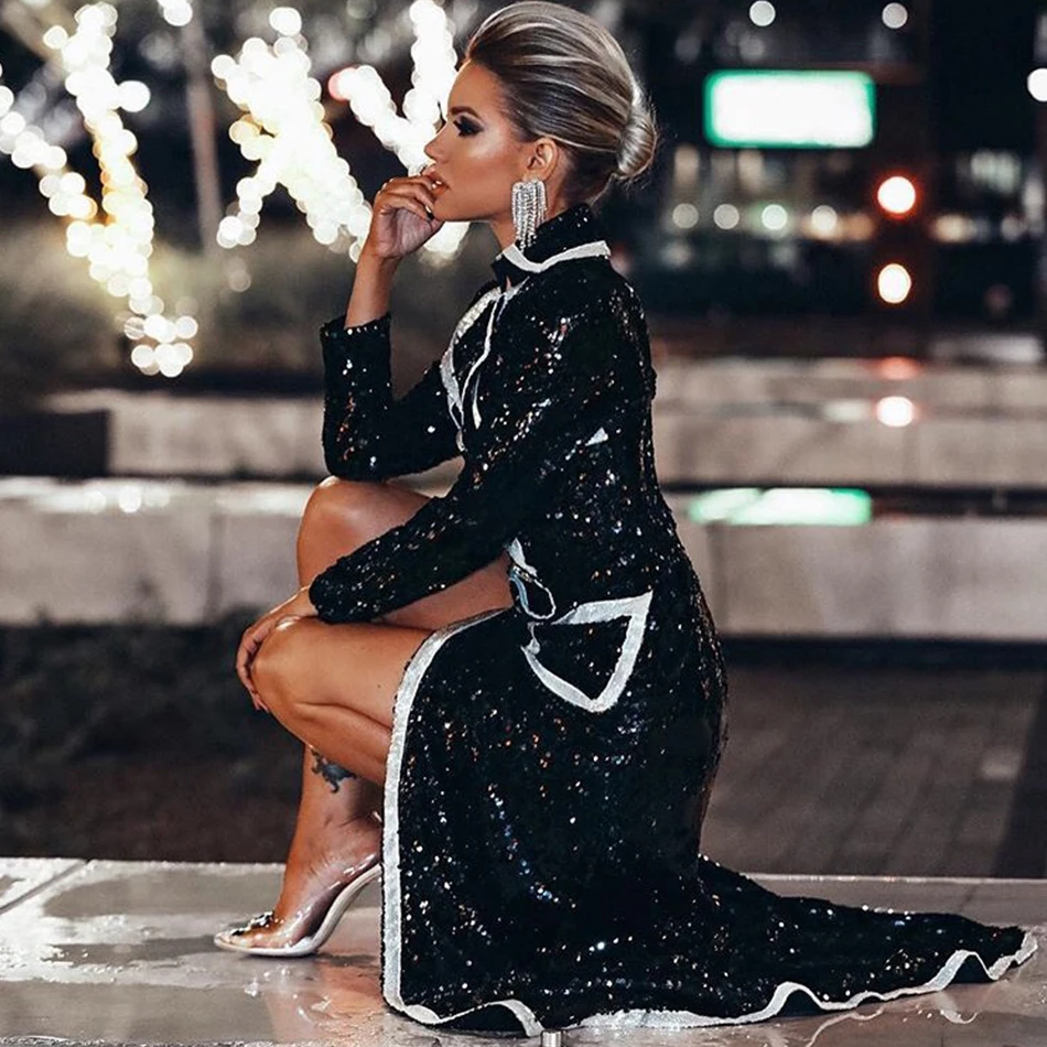Seamyla 2020 New Fashion Women Coat Long Sleeve Runway Trench Sexy Split Black Sequined Celebrity Evening Party Coats Vestidos | Женская