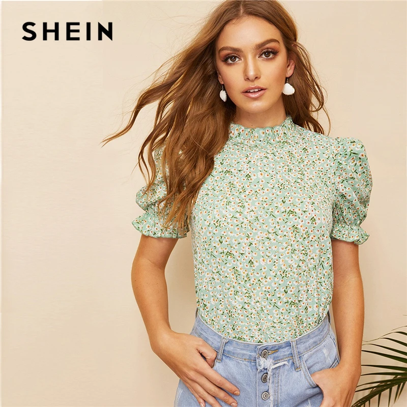 SHEIN Boho Green Ditsy Цветочные жабо шеи с пышными рукавами Топ Замочная скважина Сзади блузка женские летние элегантные офисные женские топы и блузки