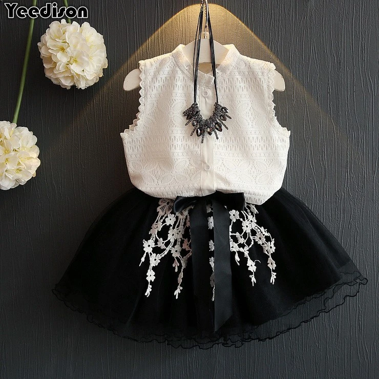 Fashion Children Clothing Summer Girls Clothes Sets 2018 New Kids Sleeveless Lace Shirt Skirt Suits 2Pcs Cotton Girl Outfits Set | Детская