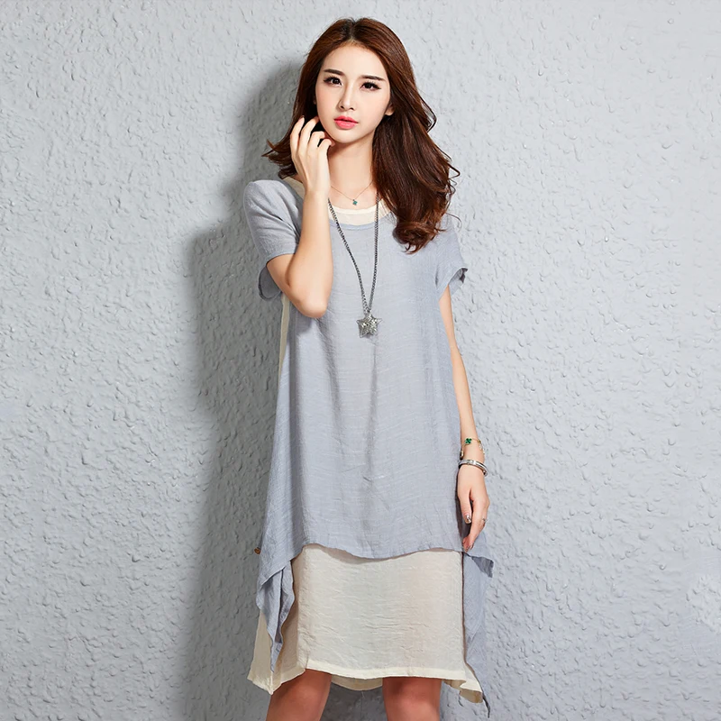 Новые летние одноцветное платье Два слоя с круглым вырезом короткий рукав