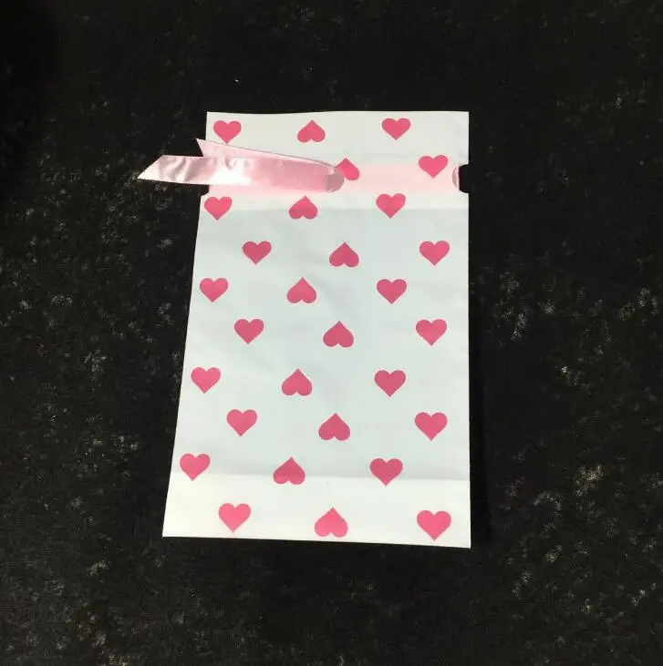 Pink Heart LBSISI Life 10 шт. пластиковый мешок на шнурке с лентой для печенья, закусок, конфет, сумки для дня рождения, свадебного декора, подарочные пакеты - Цвет: Pink Heart