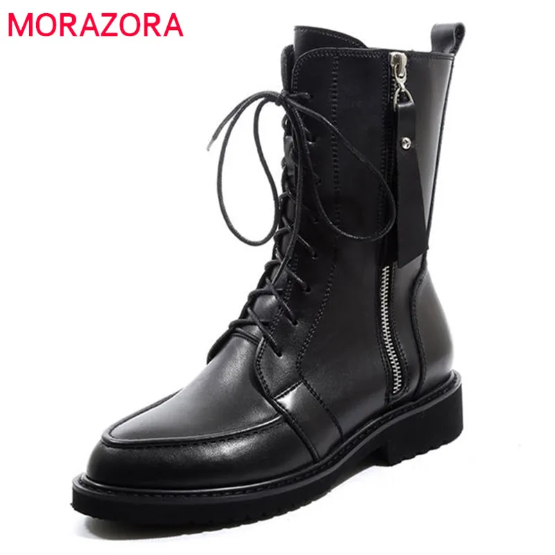 Женские ботильоны на шнуровке MORAZORA черные из натуральной кожи молнии осенние