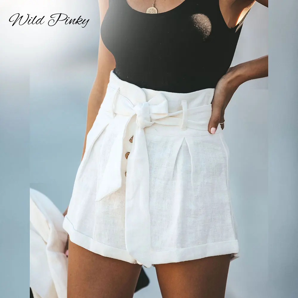 Шорты WildPinky женские с завышенной талией стильные штаны из хлопка и льна завязкой