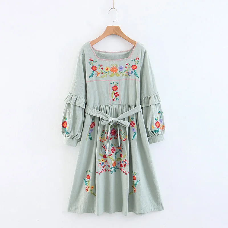 TEELYNN long dress vintage floral Embroidery cotton lantern sleeve boho dresses Square collar women vestido | Женская одежда