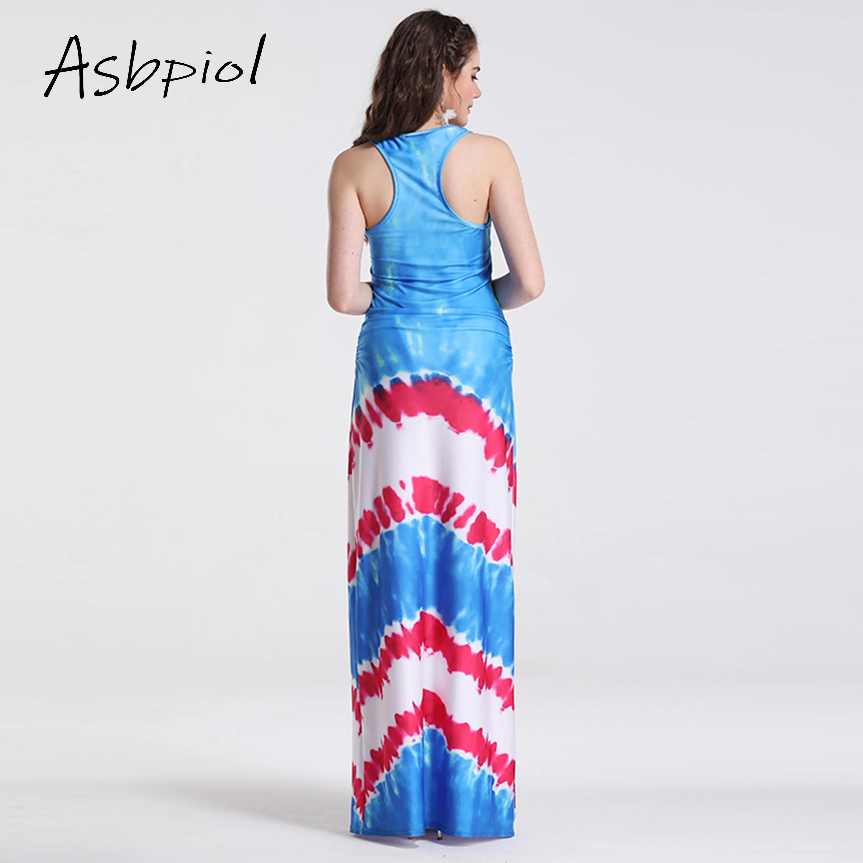 Синее повседневное пляжное платье без рукавов с круглым вырезом и открытыми