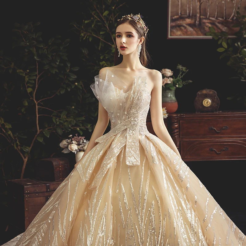 Женское платье SSYFashion винтажное свадебное цвета шампанского без бретелек а