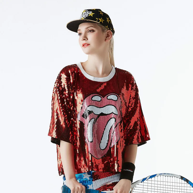 

Woman Jazz Dance Costumes Short Sleeve Cute Cartoon Pattern Bling Sequin T Shirt Club Ds Hip Hop Stage Wear Performance Costume