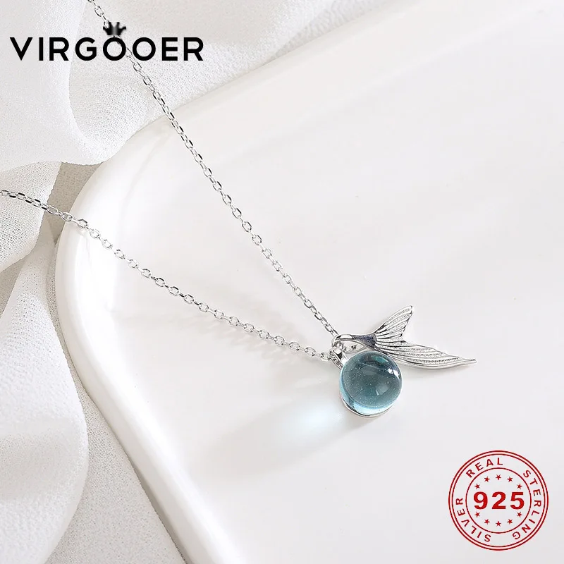 virgooer s925 silver Mermaid Tail Blue Pendant Necklace for women elegant jewelry gift Foam Crystal Necklaces wholesales | Украшения и
