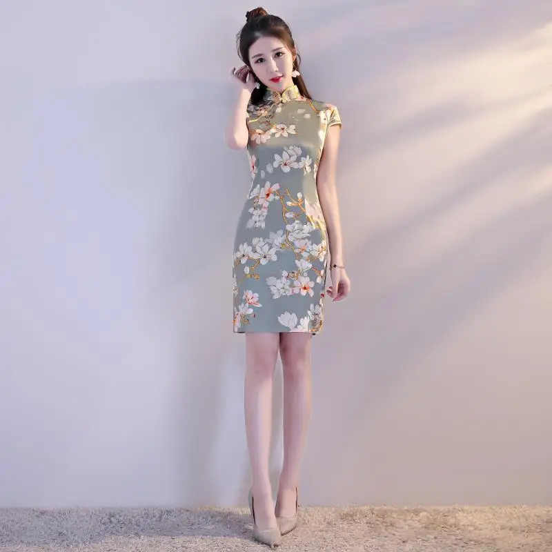 Новый 2018 китайское платье Cheongsam шелк Qipao Тан костюм короткий параграф ретро