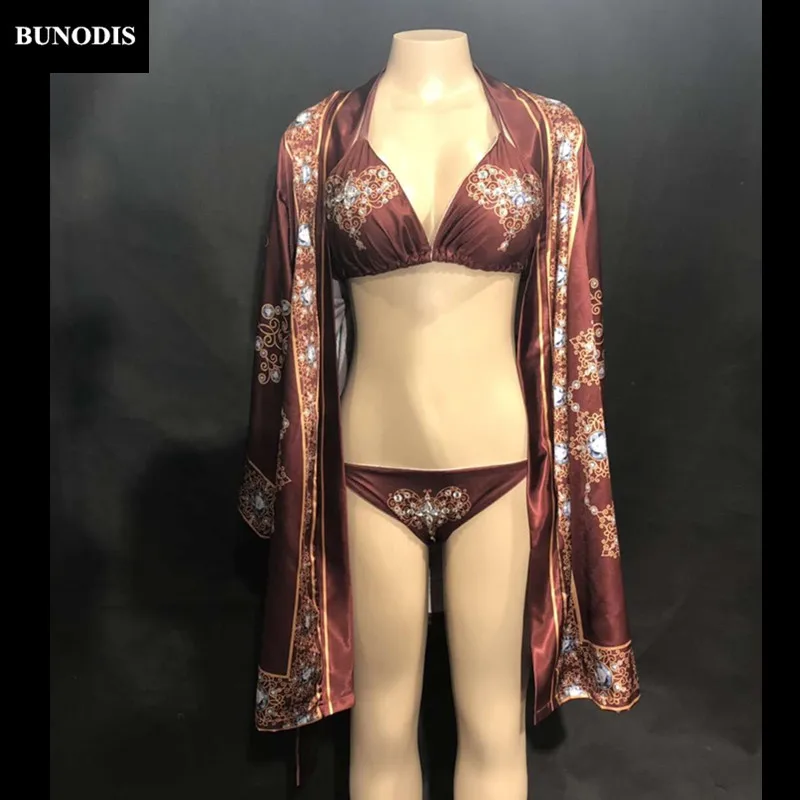 ZD433 Women Sexy Dull-Red Bikini & Coat White Sparkling Crystals 3D Printed Flower Nightclub Party Stage Wear Singer Dancer