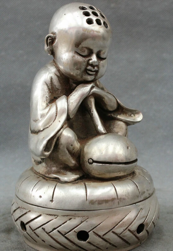 song voge gem S4235 Chinese Silver Buddhism Pray Kid Monk Buddha Statue Box Incense Burner Censer |