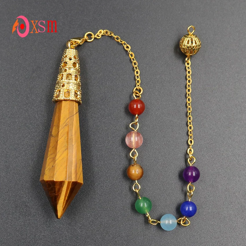 xinshangmie Light Yellow Gold Color Natural Tiger Eye Stone Pyramid Hexagonal Prism Pendulum Pendant 7 Chakra Chain Jewelry | Украшения и
