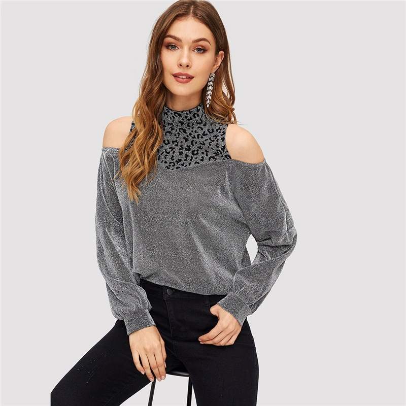 SHEIN Джемпер С Разрезами, Джемпер С Леопардовым Принтом И Открытыми Плечами