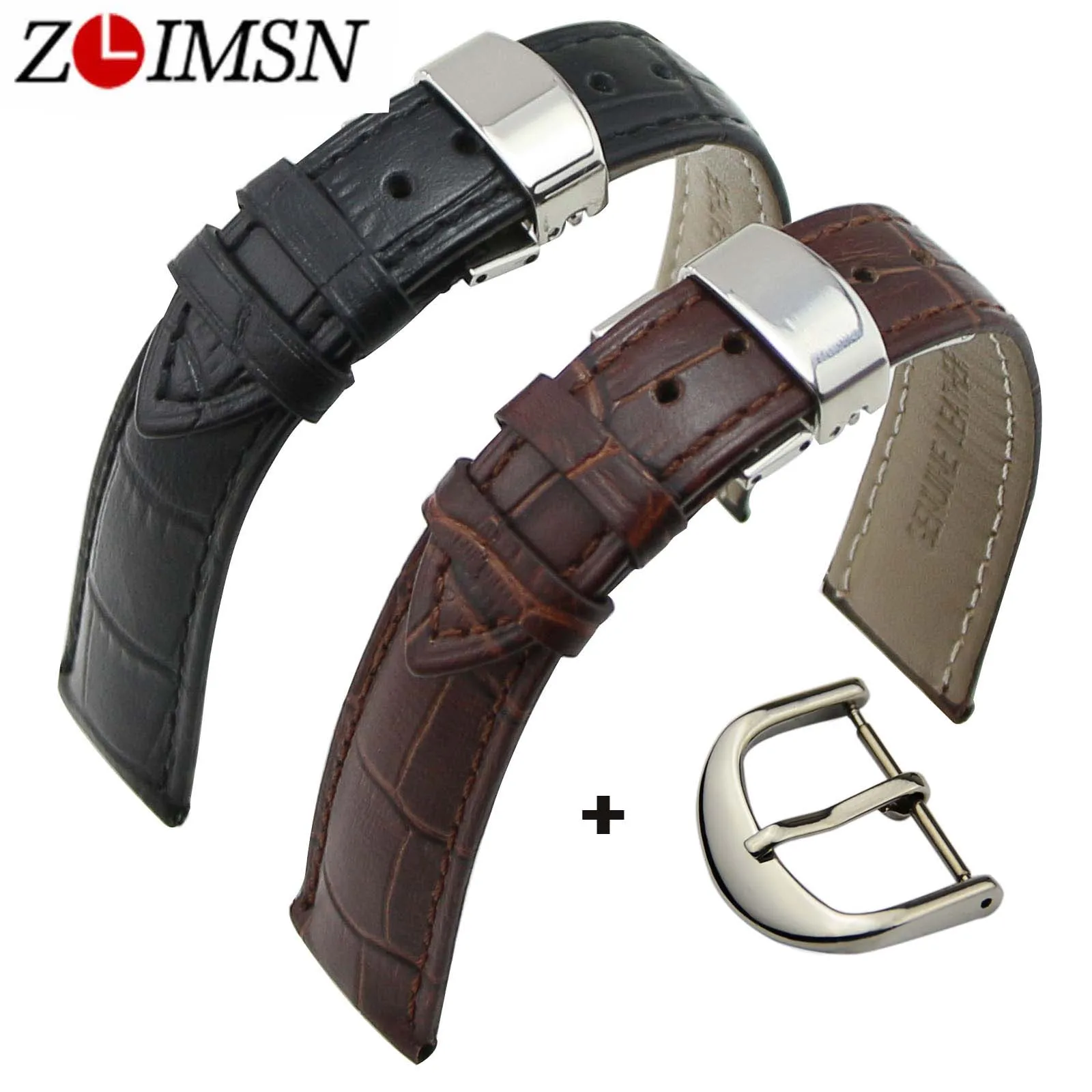 

ZLIMSN Genuine Leather Cowhide Watchbands Men Women Black Brown Watches Accessories 18mm 20mm Stainless steel Deployment Clasp