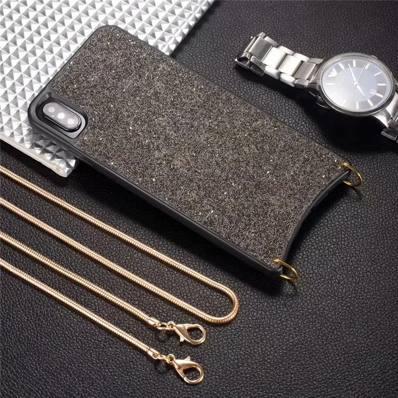 For iPhone X XR XS Max 8 6 6s Plus Silicon Bling Glitter Crystal Sequins Soft TPU Cover fashion Hanging neck rope Diamond Case |