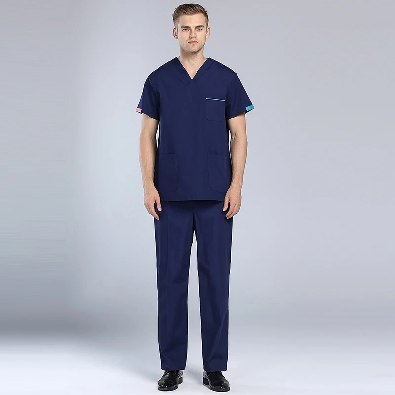 Navy Blue Новая летняя одежда для врача с v-образным вырезом, униформа медсестры, больница, медицинский салон красоты, набор с коротким рукавом, Мужская хирургическая медицинская форма - Цвет: Navy Blue