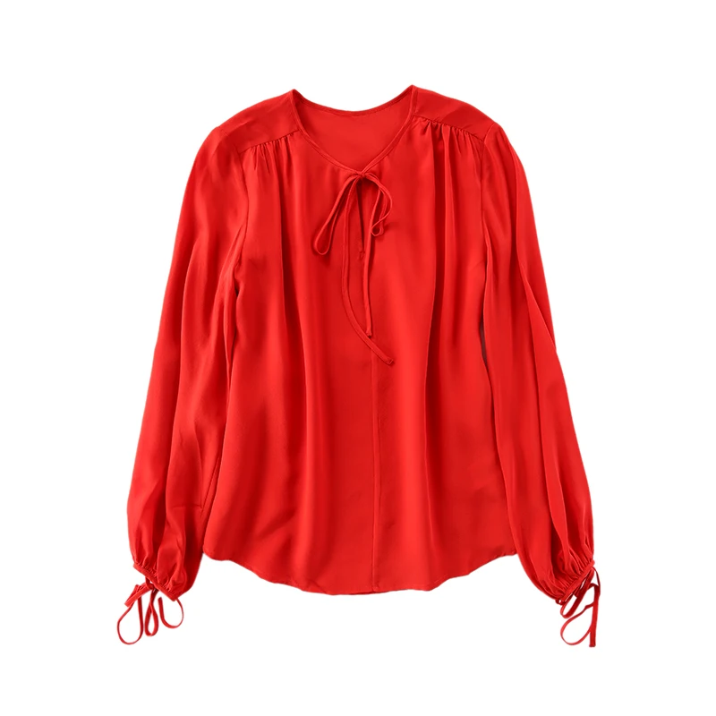 Women's lattern sleeve tie at collar red silk blouse top 2017 summer |