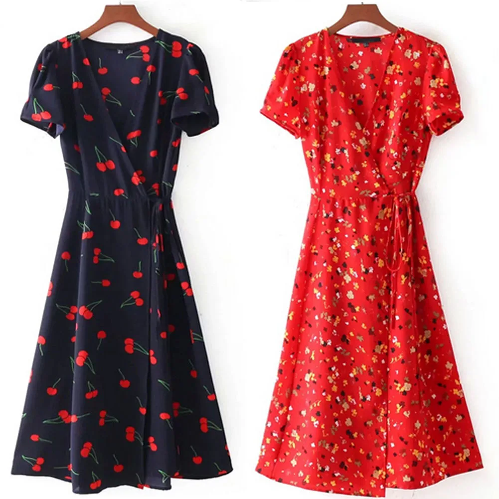 Женское вечернее пляжное платье средней длины красное черное с цветами летнее