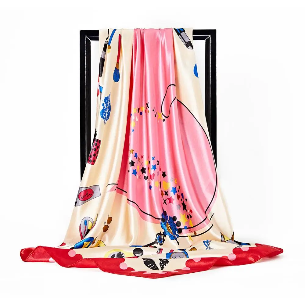 

Fashion Silk Scarves For Women Heart Print Satin Hijab Scarf Female 90x90cm Square Kerchief Shawl Head Hair Scarfs For Ladies