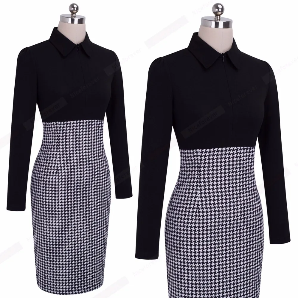 Winter черный работа лоскутная midi bodycon повязку женская офис С Длинным Рукавом