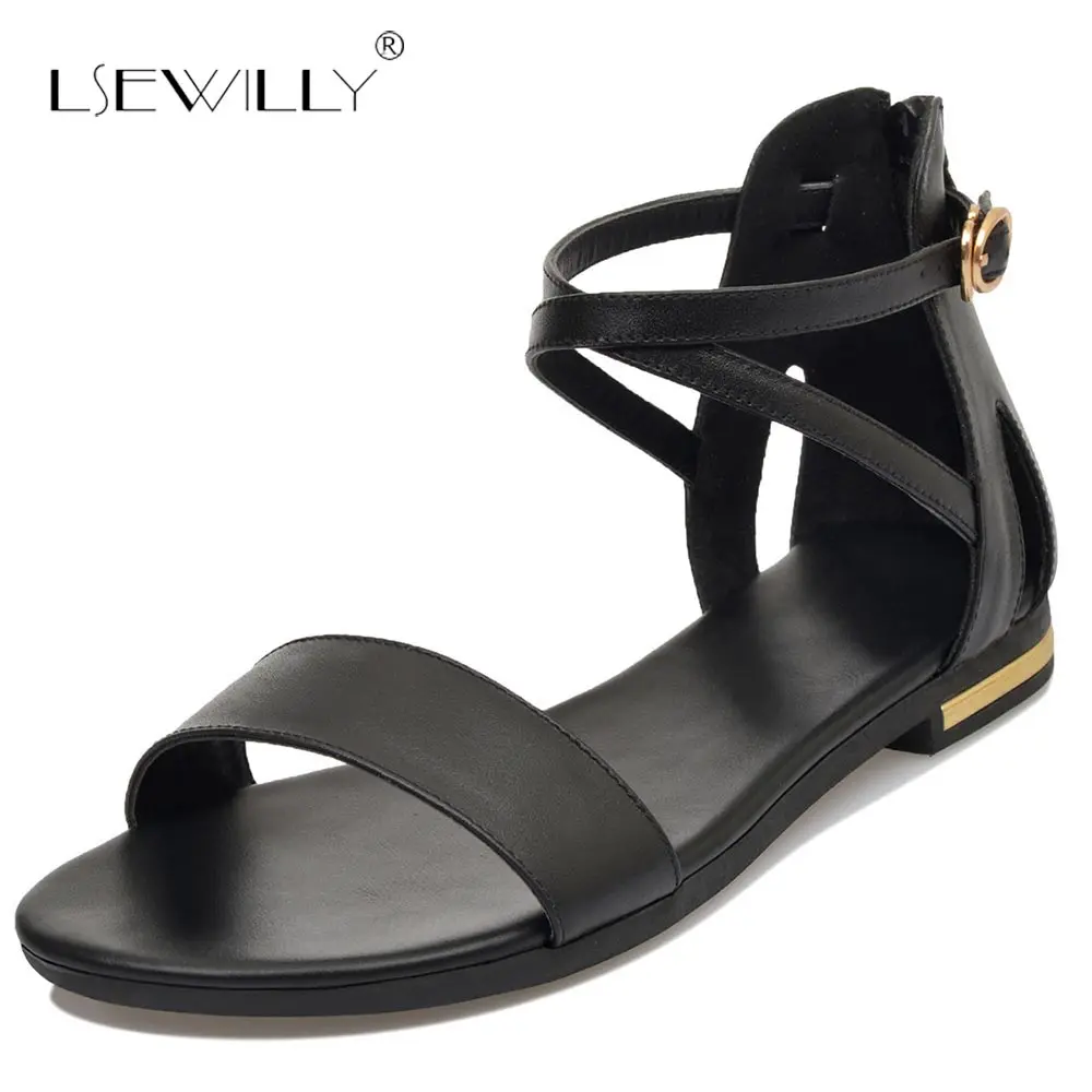 

Lsewilly 2018 New High Quality Genuine Leather Shoes Woman Flat Zipper Women Sandals Summer Ladies Black Beach Shoes S069