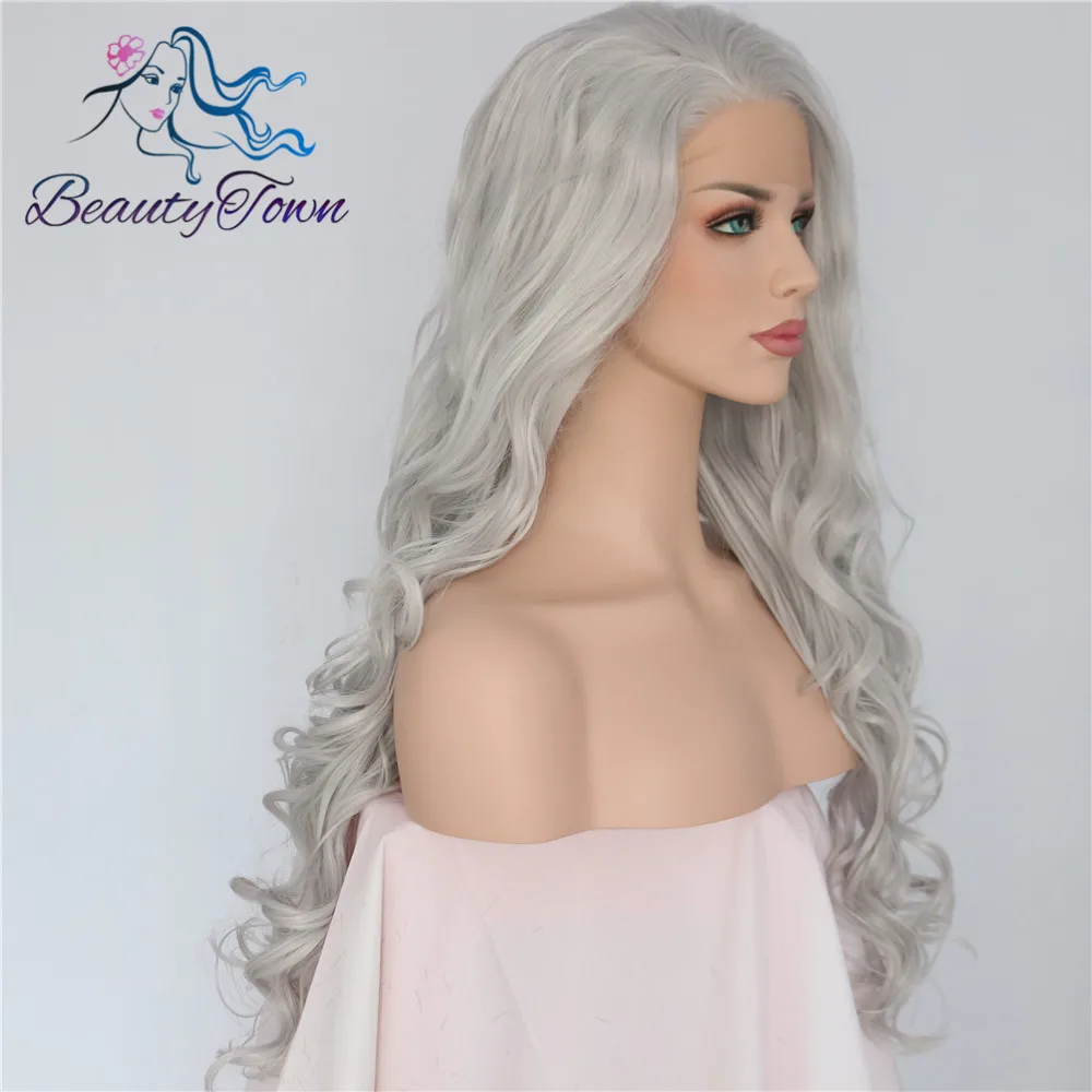BeautyTown, ручная вязка, серый, белый, серебристый цвет, волнистые, стиль Camgirl, косплей, для женщин, повседневный макияж, вечерние, синтетические, на кружеве, передние парики