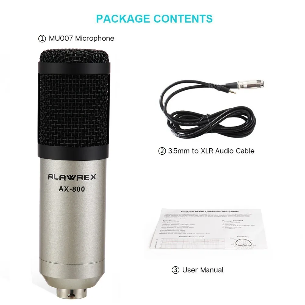 2pcs kit Silver ALAWREX AX-800 конденсаторный микрофон для записи звука с амортизационным креплением для радио, записи пения, караоке - Цвет: 2pcs kit Silver