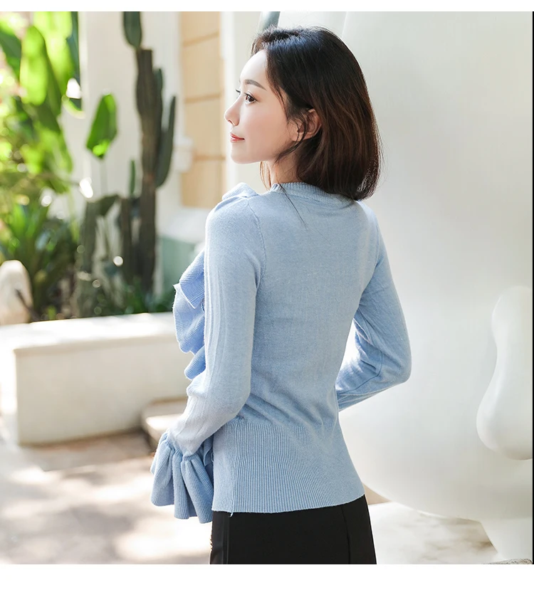 HAMALIEL Fashion Sweet Autumn Women Knitting Pullovers Korean Sky Blue Ruffles Crochet Knitted Long Flare Sleeve Sweater Jumper | Женская