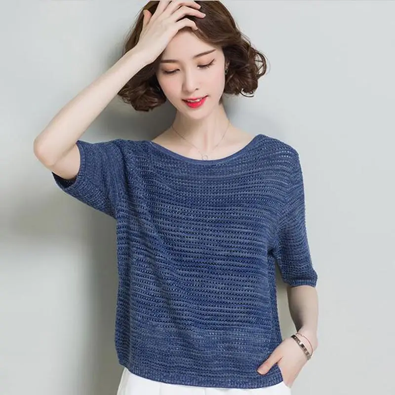 Новинка лета 2017 женские тонкие футболки вязаные топы свободного кроя с круглым