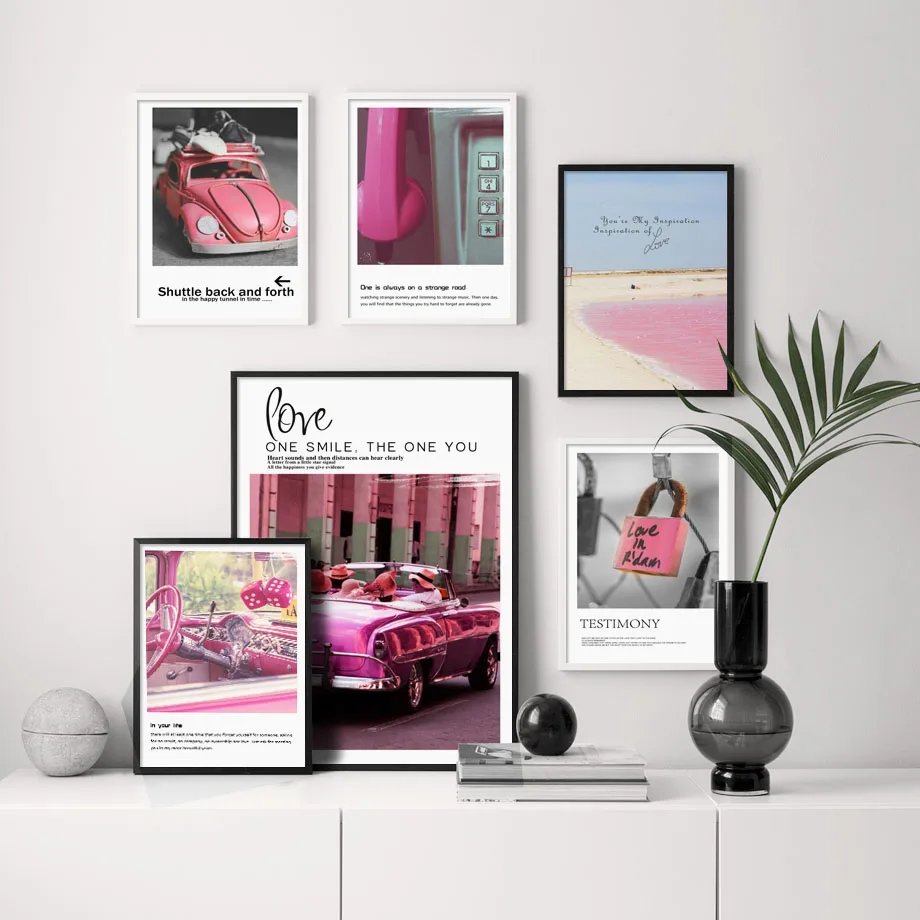 Pink Car Phone Lock Beach Landscape Wall Art Canvas Painting Nordic Posters And Prints Pictures For Living Room Girl Decor | Дом и сад