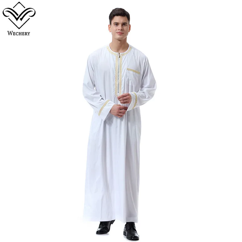 Wechery для мужчин s jubba ТОБ Мусульманский Исламский кафтан с длинным рукавом и карманами пуговицы дизайн халаты для Саудовской