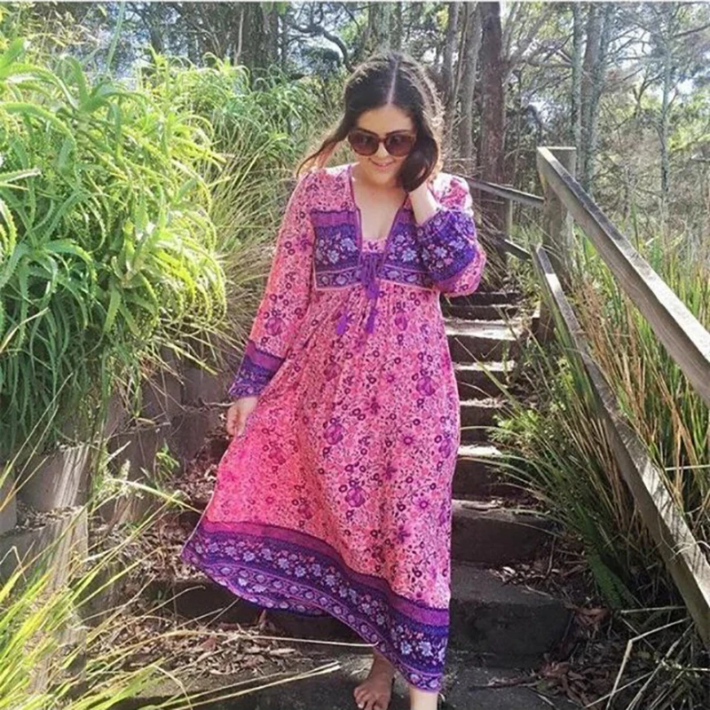 2017 Summer Tribe Style V Neck Bohemian Floral Print Long Sleeve Boho Dress Women Gypsy Ethnic Maxi Dresses | Женская одежда