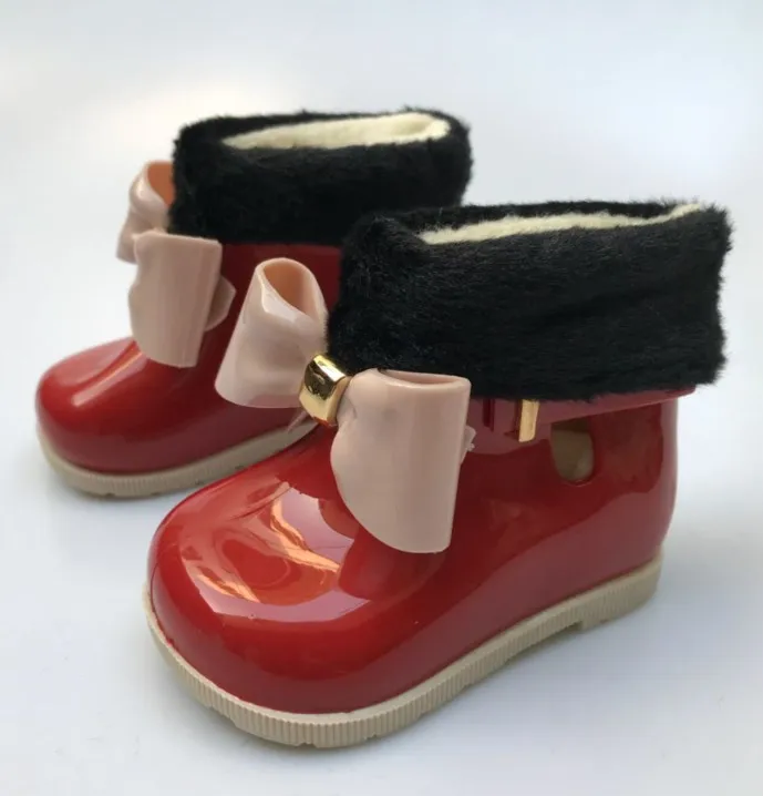 Autumn winter kids rain boots with warm velvet inside baby boys girls cute bow shoes children waterproof hot sale | Детская одежда и